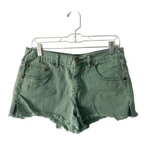 Free People Denim Shorts Frayed Hem Green Raw Edge Casual Size 28